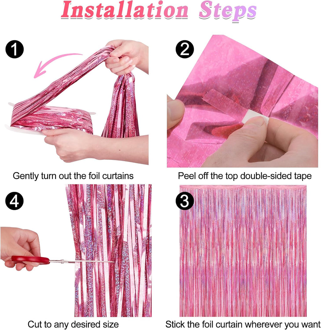 Skiennix Pink Backdrop - 8 Pack Metallic Glitter Fringe Curtains | 3.28 FT x 7.05 FT Party Decor