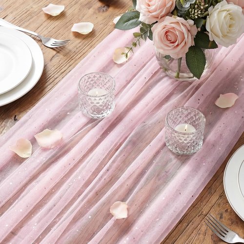 Tegeme Pink Table Runner 120 Inch 10 ft Sheer Gauze Glitter Foil Tulle Runner Cheesecloth Sequin Table Decorations for Wedding Anniversary Holiday Birthday Party Decor