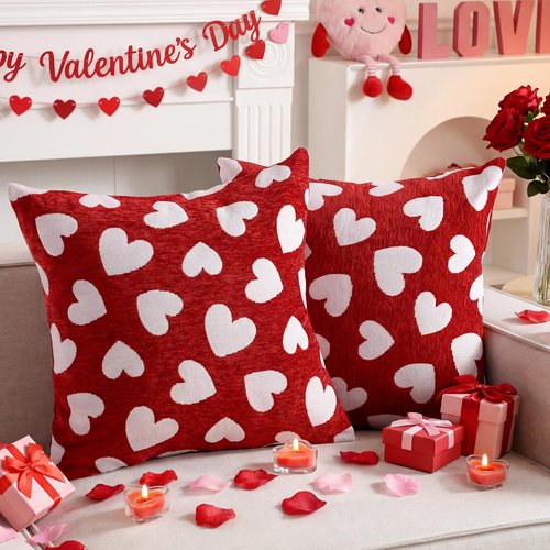 Frienda Valentine's Day Chenille Pillow Covers 18 x 18 Inch Set of 2, Valentine Red and White Hearts Pattern Decorative Throw Pillow Cases for Couch Sofa Bedroom Valentines Holiday Festival Home Decor