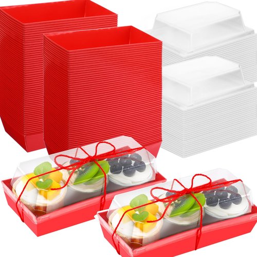 Ziliny 200 Pcs Red Dessert Treat Boxes with Clear Lids & Rope, 7.5" Rectangle Bakery Display Boxes for Cookies Cupcakes Macarons, Wedding Favor, Mother's Day Treats
