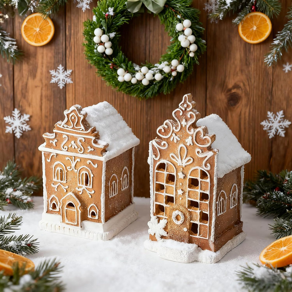 Skiennix Christmas Gingerbread Village House Figurines - Pre-Lit LED Table Decor | 2-Piece Set