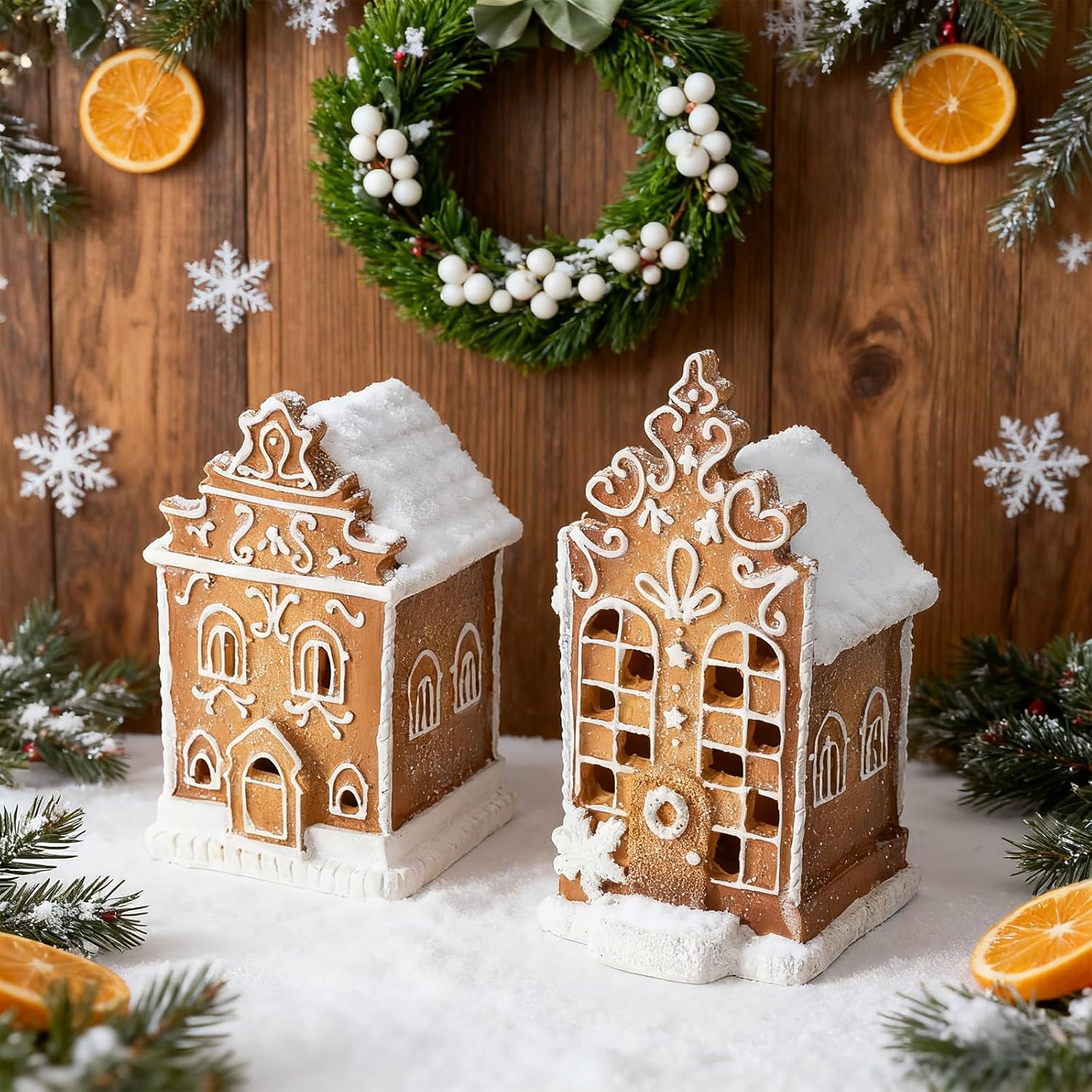 Skiennix Christmas Gingerbread Village House Figurines - Pre-Lit LED Table Decor | 2-Piece Set