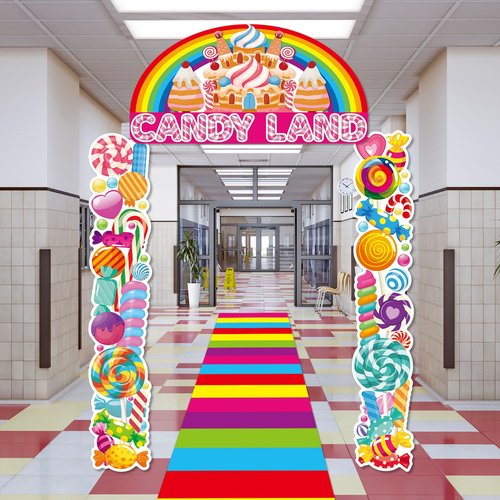 4Pcs Sweet Candyland Party Decorations Candy Door Covers Candyland Hanging Banner Backdrop Candy Land Store Porch Sign Colorful Runner Rug Background Photo Prop for Baby Shower Birthday Party Supplies