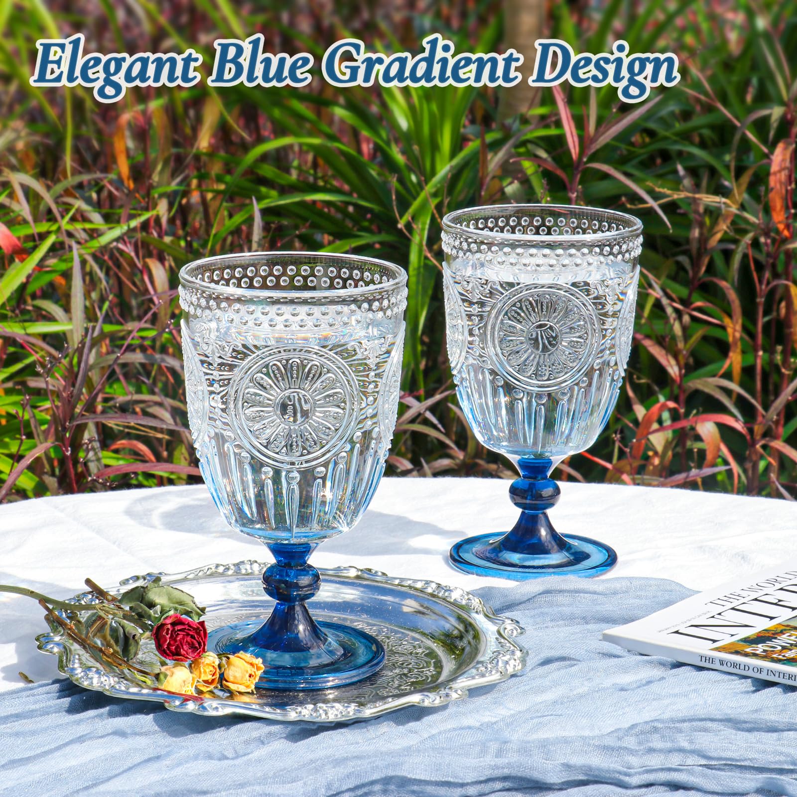 XUWAIDSGN 24Pcs Plastic Vintage Wine Glasses 13.5oz Reusable Embossed Goblet Glasses Blue Gradient Retro Wine Glassware Unbreakable Stemmed Champagne Water Cups for Wine Cocktail Juice Wedding
