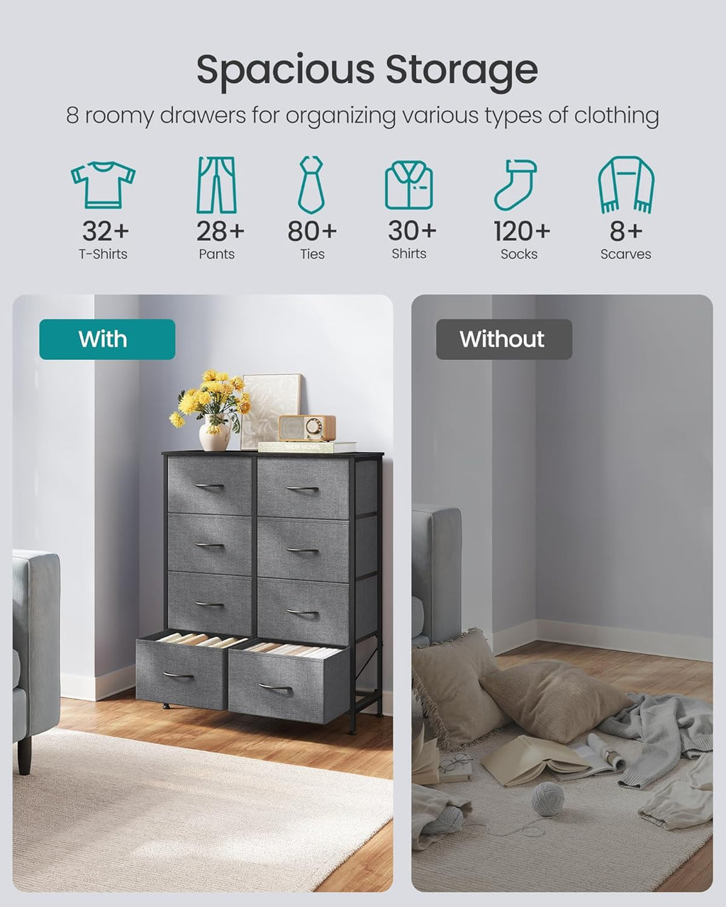SONGMICS Dresser - Modern 8-Drawer Storage Organizer Unit for Bedroom & Entryway | Slate Gray