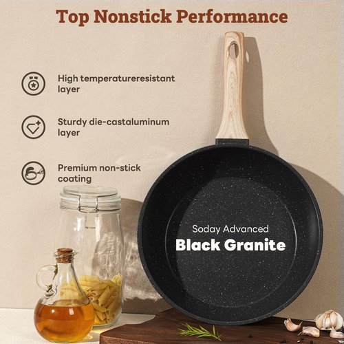 SODAY 17 Pcs Pots and Pans Set Non Stick Kitchen Cookware Sets Nonstick Induction Cookware Non-toxic Black Granite Cooking Tools with Stay-Cool Handles, Pot Protectors (PFOS/PFOA Free)