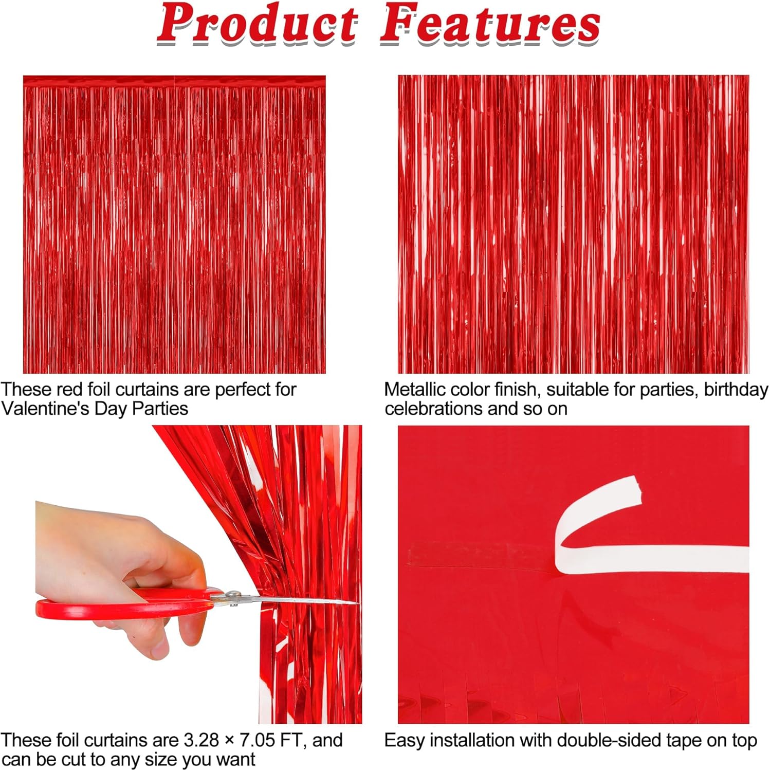 Skiennix Red Backdrop - 4 Pack Metallic Tinsel Curtains for Valentine's Day | 3.28 FT x 7.05 FT Party Decor