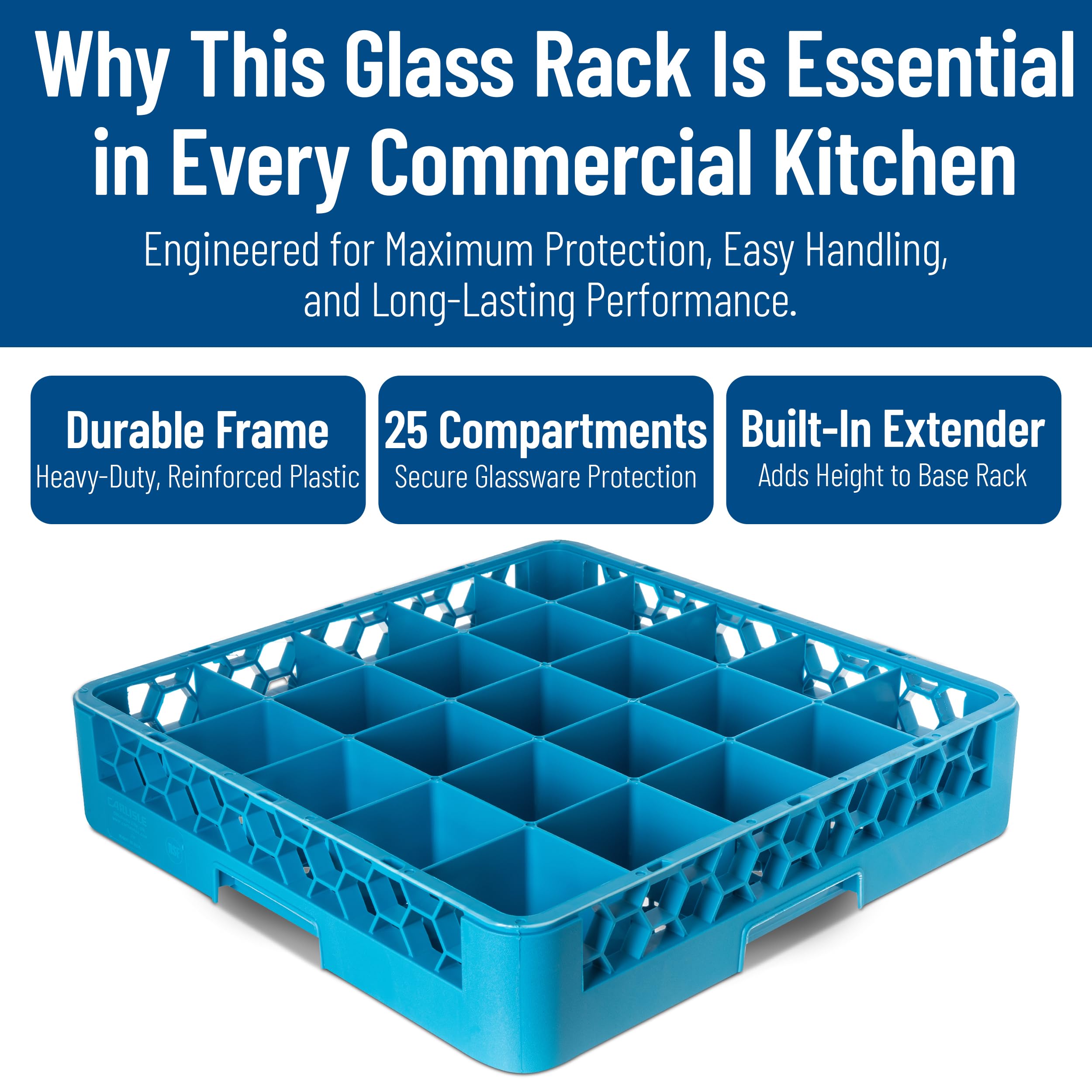 Carlisle FoodService Products OptiClean 25 Compartment Glass Racks – Fits 3.25" Diameter Red Wine Goblets, Beverage Glasses, Rocks Glasses, Tamper Proof Restaurant Kitchen, Blue