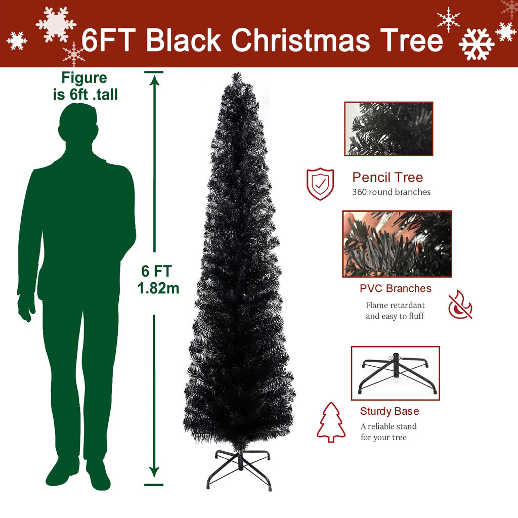 TKYGU 6ft Pencil Christmas Tree, Black Artificia Xmas Tree,Slim Holiday Tree Decoration, Skinny Xmas Tree with 316 PVC Needles & Folding Metal Stand, Home Office Holiday Decoration