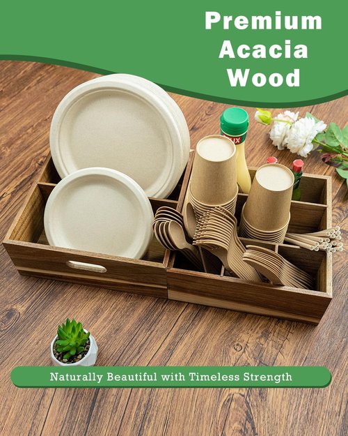 Acacia Wood Utensil Holder for Party (Set of 2) - 11" x 9.5" Utensil Caddy for Parties & Silverware Caddy for Countertop - Holds Plates, Napkins, Cups, Spoons, Forks - Kitchen Accessories