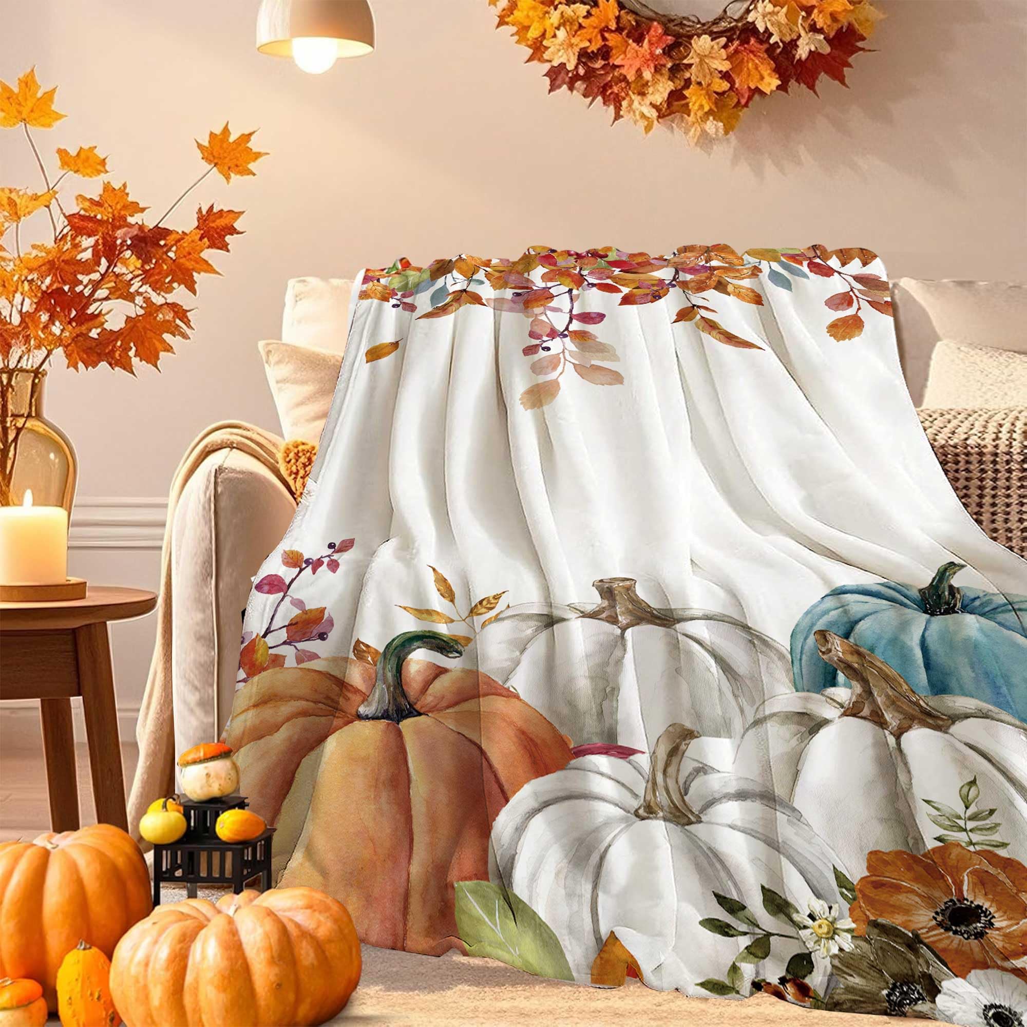 PAOPOED Fall Pumpkins Throw Blanket, Thanksgiving Autumn Maple Leaves Watercolor Blanket for Bed Sofa Travel and Camping, Super Soft Cozy Fluffy Plush Blanket for All Seasons, 50" x 60"