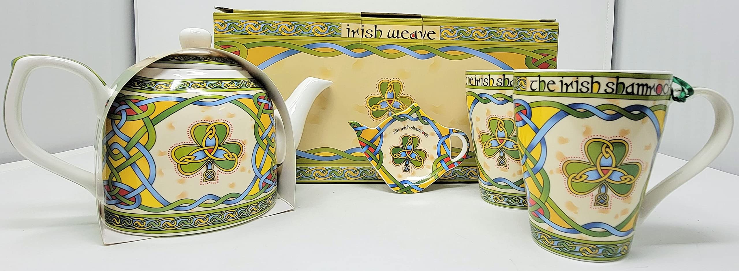 Royal Tara Set of Irish Shamrock Cup 1 Shamrock Porcelain Teapot Tea Bag Holder - Irish Tea Pot Celtic Knot Tea Kettle with Removable Lid (Teapot 2Mugs and Tea Bag Holder)