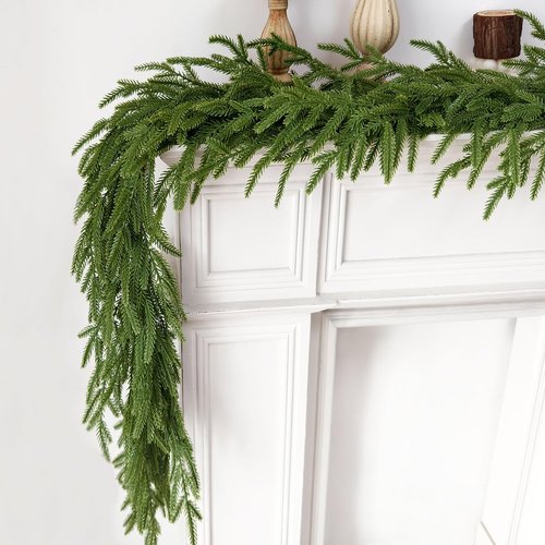 2 Pcs Christmas Garland with Lights 6 Ft, Real Touch Norfolk Pine Garland for Mantle, Christmas Decorations Indoor Outdoor for Wall Fireplace, Faux Greenery Cedar Garland Realistic for Table Decor