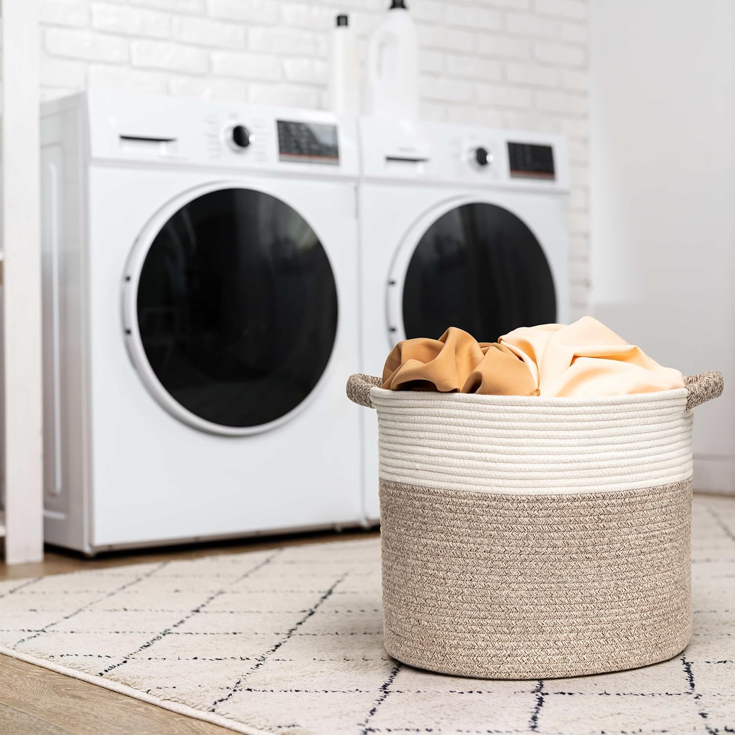 Skiennix Woven Round Rope Storage Basket - Stylish Blanket & Toy Organizer (16"Wx14"H) - White & Brown