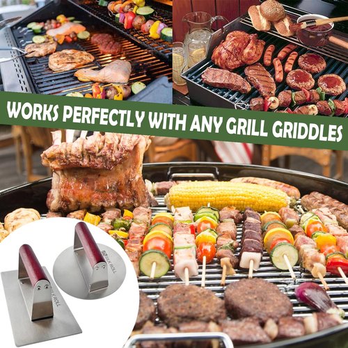 SILK ROLL Stainless Steel Burger Press, Hamburger Press, Heavy Duty Meat Press, 8 Inch Bacon Press & 6.3 Inch Round Burger Smasher with Wood Handle, Grill Press for Smashburger, BBQ Bacon Up, Beef