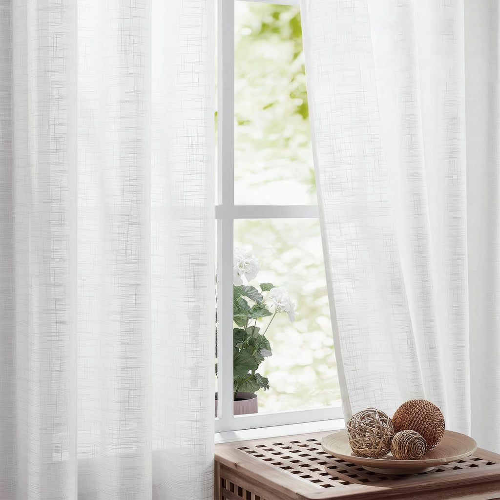 FMFUNCTEX Linen Sheer White Curtains Sliding Door Curtain 108inches Long Patio Glass Door Curtain Panel 100" Width Rich Cross Weave Textured Semi-Sheer Living Room Divider Bedroom Window Draperies 1pc