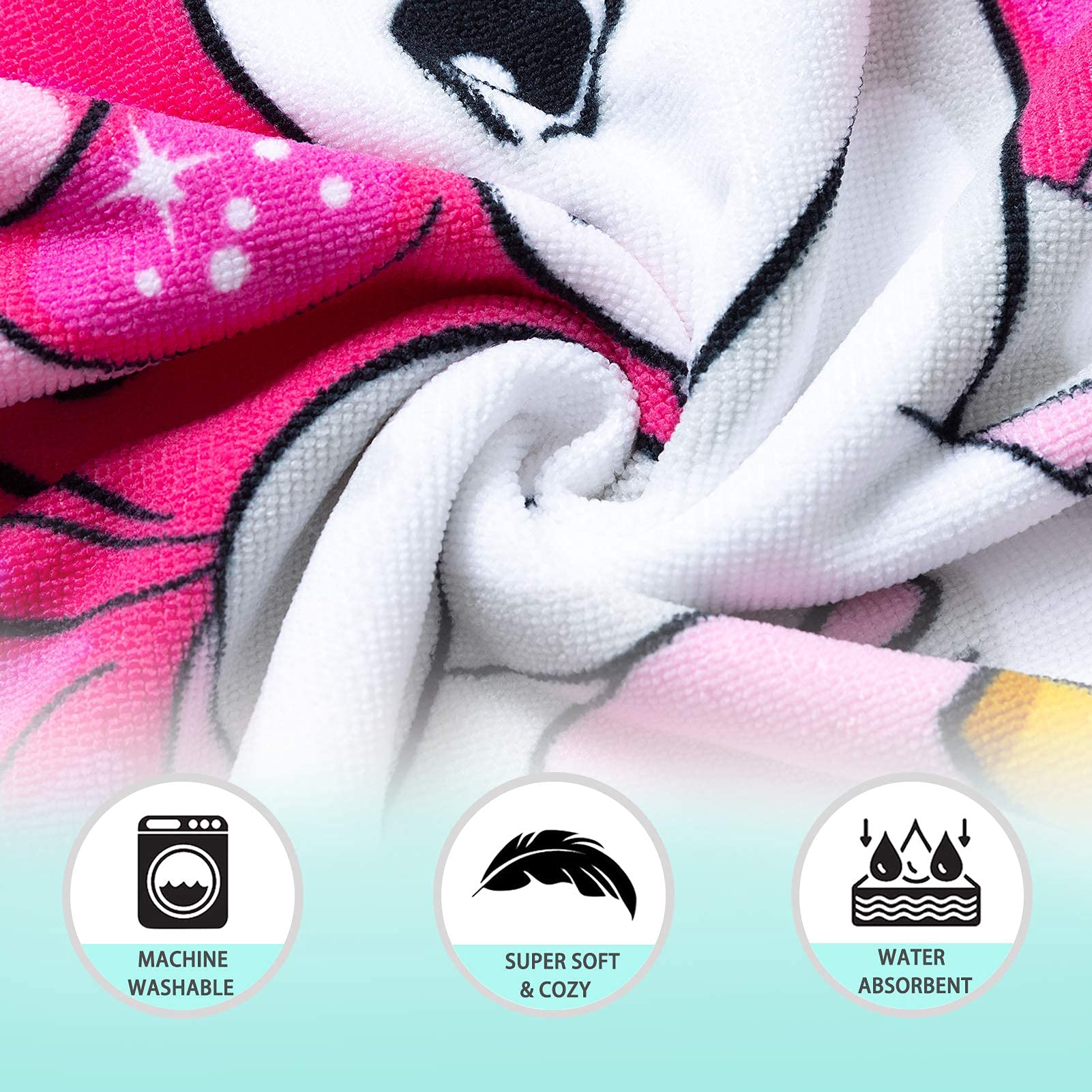 NovForth Kids Beach Towel for Boys Girls, Pink Unicorn Hooded Bath Towel Wrap, Toddler Pool Towel with Hood