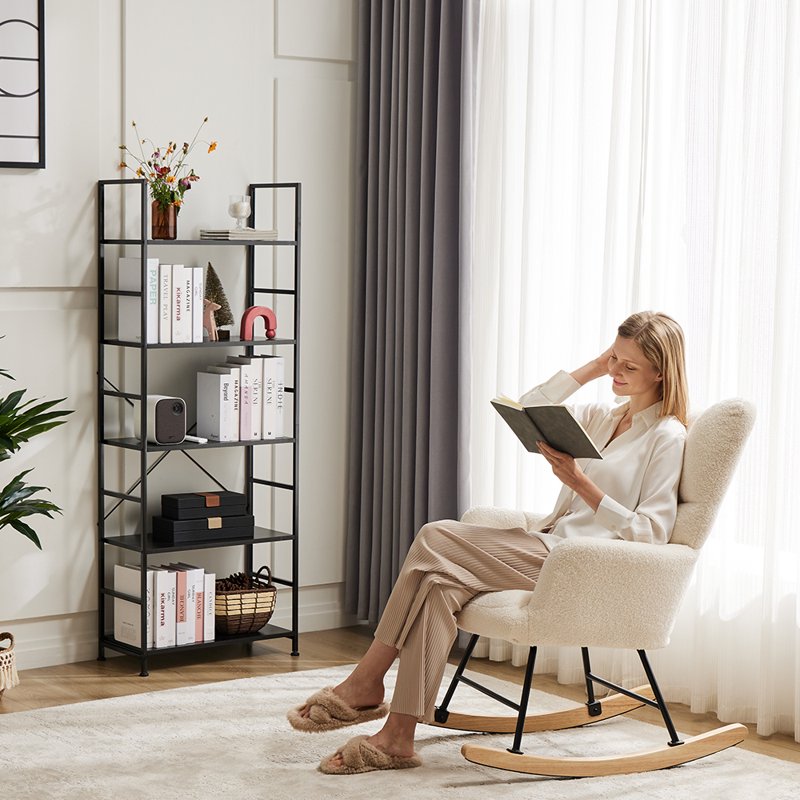 5-Tier Wooden Bookshelf with Adjustable Feet - Metal Frame, Waterproof Shelves