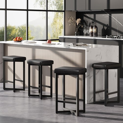 IDEALHOUSE Bar Stools Set of 4, 24.6" Counter Height Backless Barstools, Upholstered PU Leather Seats with Metal X-Frame & Footrest, Modern Kitchen Stools for Home Bar, Dining Room, Black