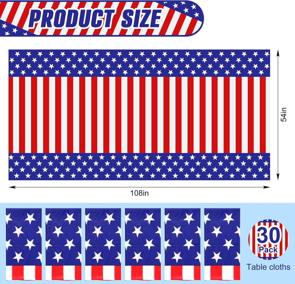 Regine Switzerland 30-Piece 4th of July Tablecloth Set - 54 x 108 Inch Red, White & Blue Disposable Covers for Patriotic Celebrations