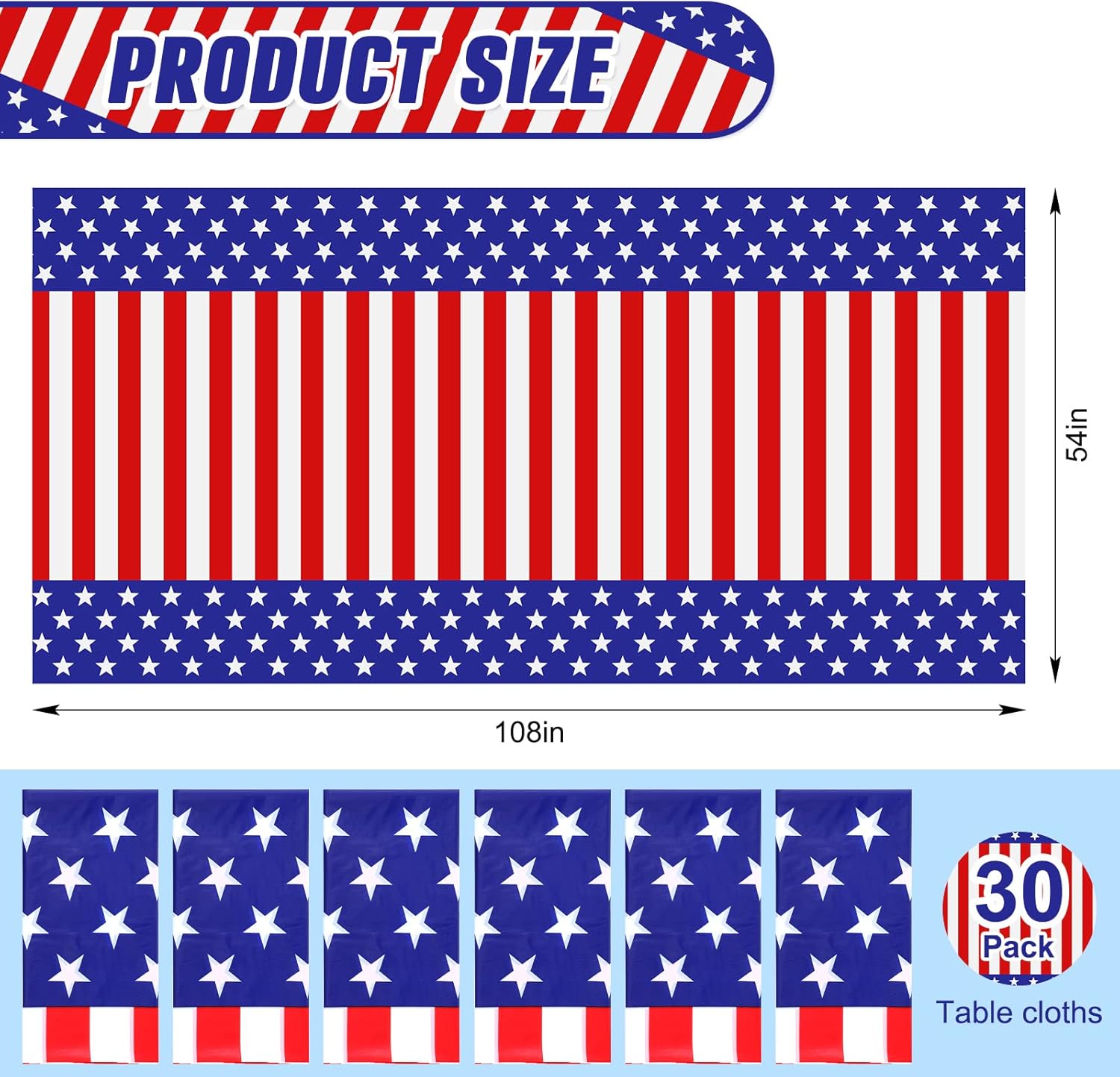 Regine Switzerland 30-Piece 4th of July Tablecloth Set - 54 x 108 Inch Red, White & Blue Disposable Covers for Patriotic Celebrations