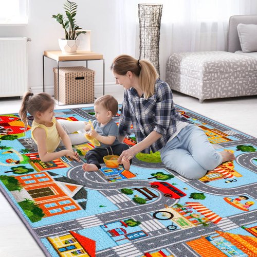 Car Rug for Kids, Car Play Mat Carpet, Extra Non-Slip Traffic Road Rug for Kids, City Map Educational Mat for Playroom Boys Bedroom Classroom (78.7X59 INCH, Blue Sky)