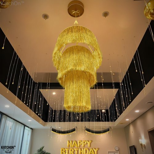 KatchOn, Gold Tinsel Chandelier Party Decor - 20 Inch | Gold Chandelier for New Years Eve Ceiling Decorations | New Years Decorations 2026, Gold Party Decoration, New Years Eve Party Supplies 2026
