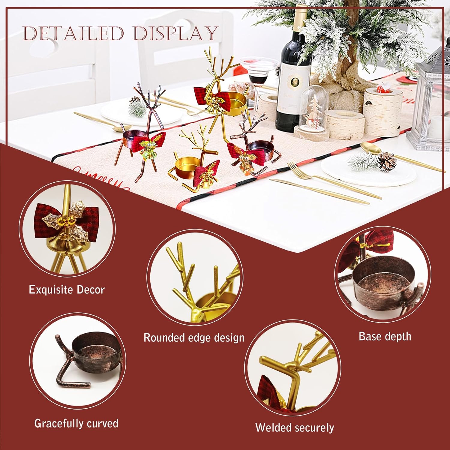 Skiennix Christmas Candle Holders - 4-Piece Reindeer Tealight Set for Holiday Table Decor | Stainless Steel