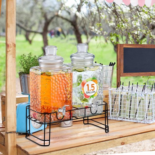 Honeydak 1.5 Gallon Glass Beverage Dispenser with Stand Spigot Glass Lid Leakproof Drink Dispenser Ice Drink Clear Lemonade Juice Jar for Party Wedding Kitchen (2 Pack)