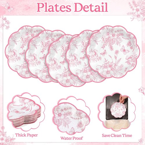 NatNarr 30Pcs Pink Floral Paper Plates, 7inch Scalloped Vintage Plates Pink Flower Paper Plate Disposable Tea Party Plate for Garden Party Birthday Baby Bridal Shower Valentines