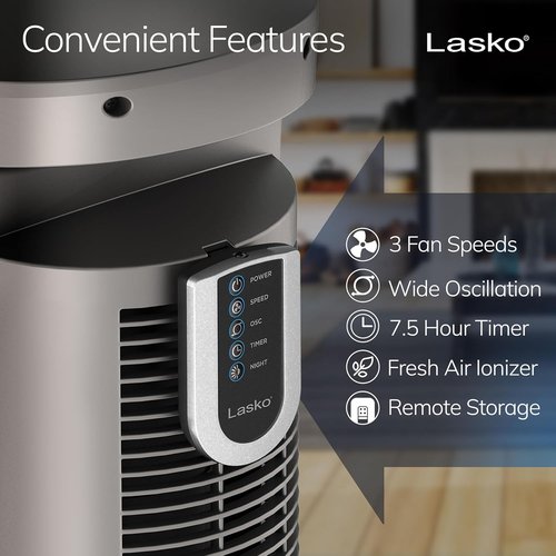 Lasko Oscillating Tower Fan - Quiet Remote-Controlled Floor Fan for Bedroom - 42" Woodgrain & Grey