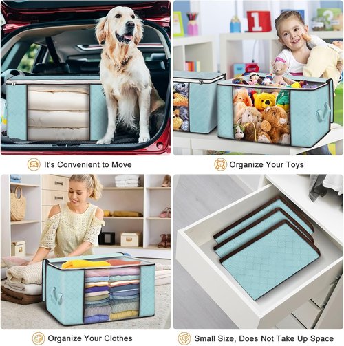 Budding Joy 90L Large Storage Bags - 6 Pack Foldable Closet Organizers for Clothes & Bedding | Blue