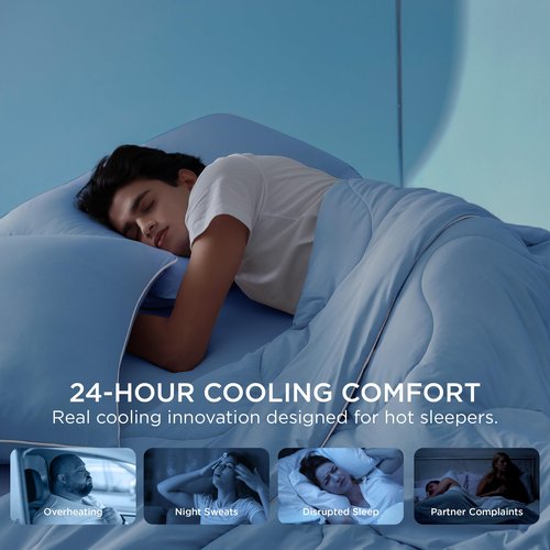 Bedsure Cooling Comforters Queen Size Set 4 Pieces, Blue Cooling Blanket for Hot Sleepers, Double-Sided Cool Tech Queen Bedding Set with Breathable Lightweight Comforter, Sheet & Pillowcases