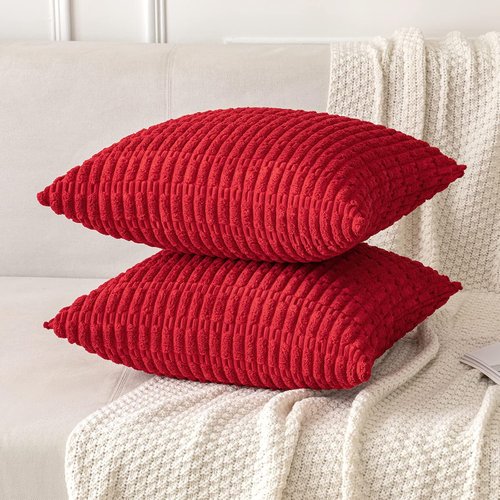 MIULEE Euro Sham Pillow Covers - Pack of 2 Red Corduroy, Soft Boho Striped 24x24 Inch Decor for Sofa & Bed