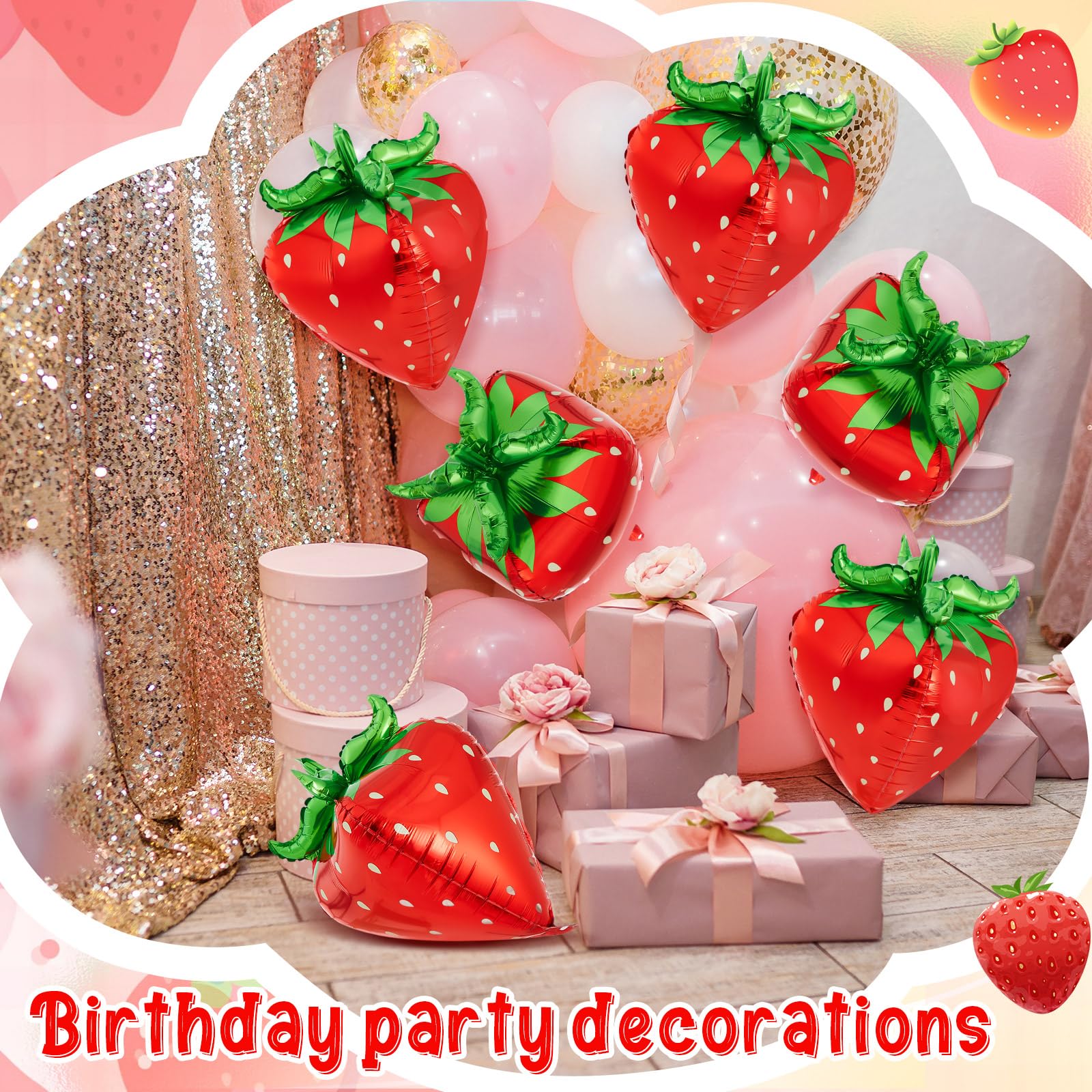 PullCrease 6 Pcs 4d Strawberry Balloons 29 Inch Giant Cute Strawberry Foil Balloons Shortcake Decorations for Sweet Berry Fruit Themed First Birthday Party Decorations Supplies Favors (Red)