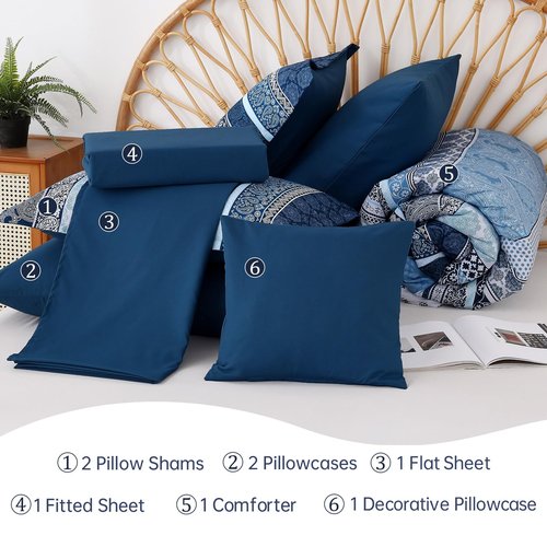 Boho Comforter Set Queen Size,8 Pieces Navy Blue Bohemian Striped Bed in a Bag,Paisley Soft Microfiber Bedding Comforter Set