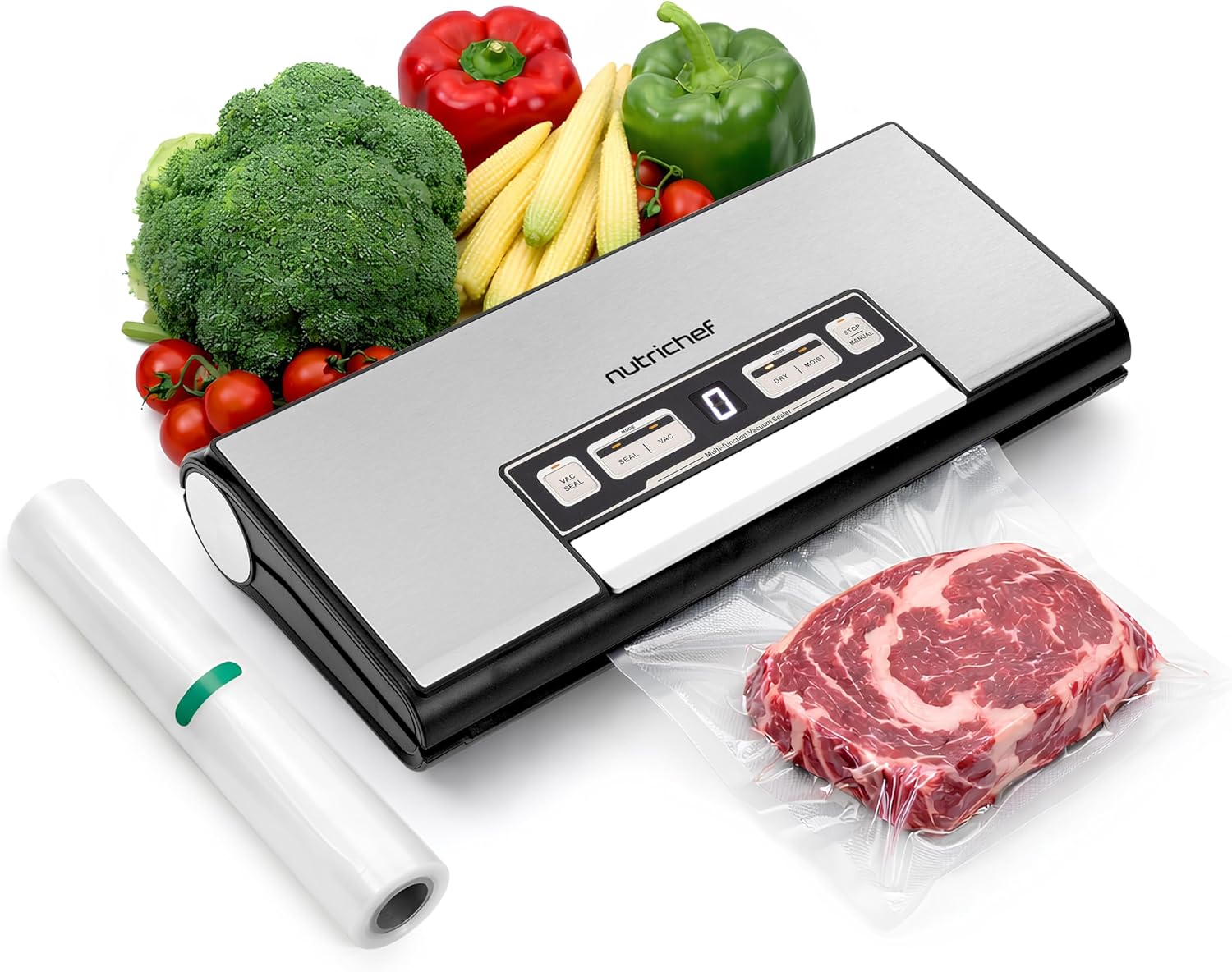 NutriChef Vacuum Sealer Machine - 80kPa Food Sealer with Cutter & Storage | Includes 1 Bag Roll & 5 Vacuum Bags for Freshness