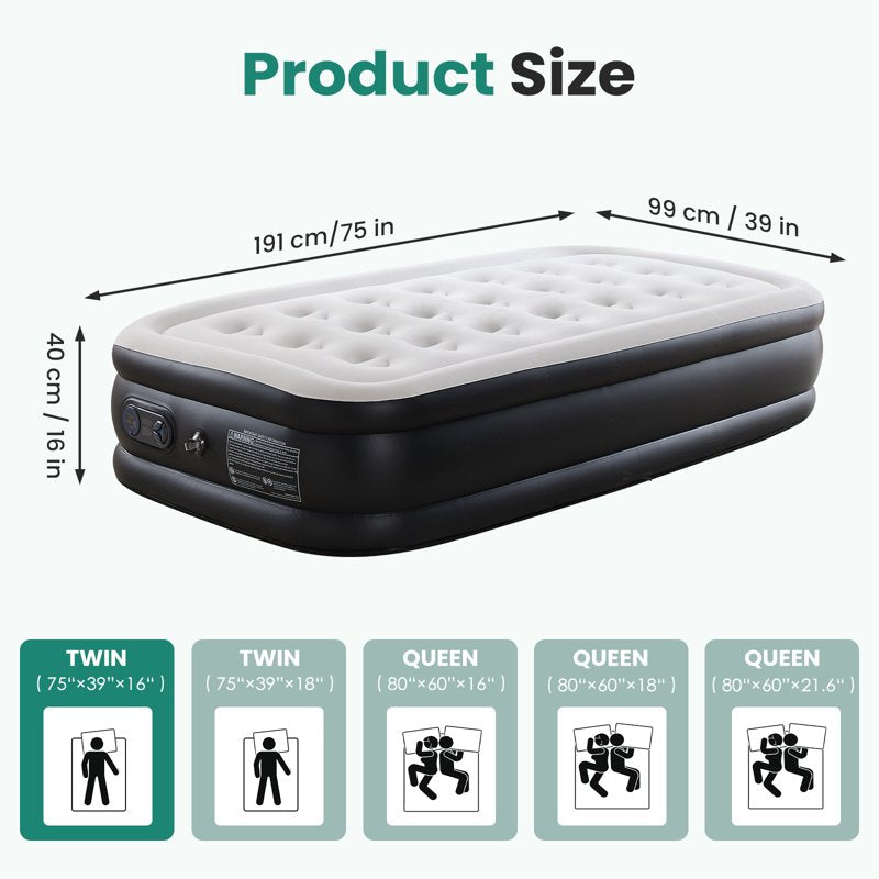 GIANNA Twin Size 16-Inch Air Mattress with Built-In Pump - Inflatable Bed for Home and Travel
