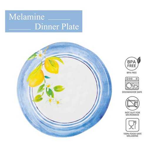 UP UPware Lovely Lemons Melamine Dinner Plate Set, Round Plates for Main course, Pasta, and Salad, BPA-Free, Dishwasher Safe, Blue, 11 Inch, Set of 6