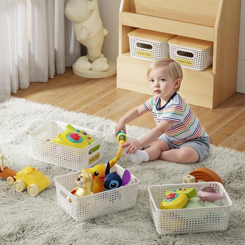 8 Pack Plastic Storage Bins by [Brand Name] - Stackable Baskets with Bamboo Lids for Organized Pantry & Office