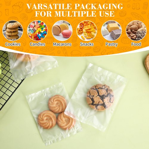 Prembag 100 Pcs 4-7/10 x 6-7/10 Inch Semi-Transparent Heat Seal Cellophane Bags for Cookies,Matte Cookie Sleeves,Frosted Treat Bag for Baked Goods