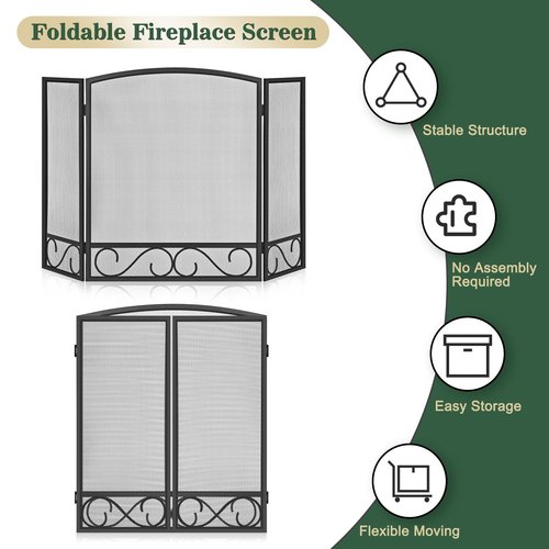 FEED GARDEN 3 Panel Fireplace Screen Wrought Iron 48" W x 29" H Foldable Heavy Duty Fire Spark Guard Cover with Metal Decorative Mesh for Living Room, Home Decor Indoor, Black