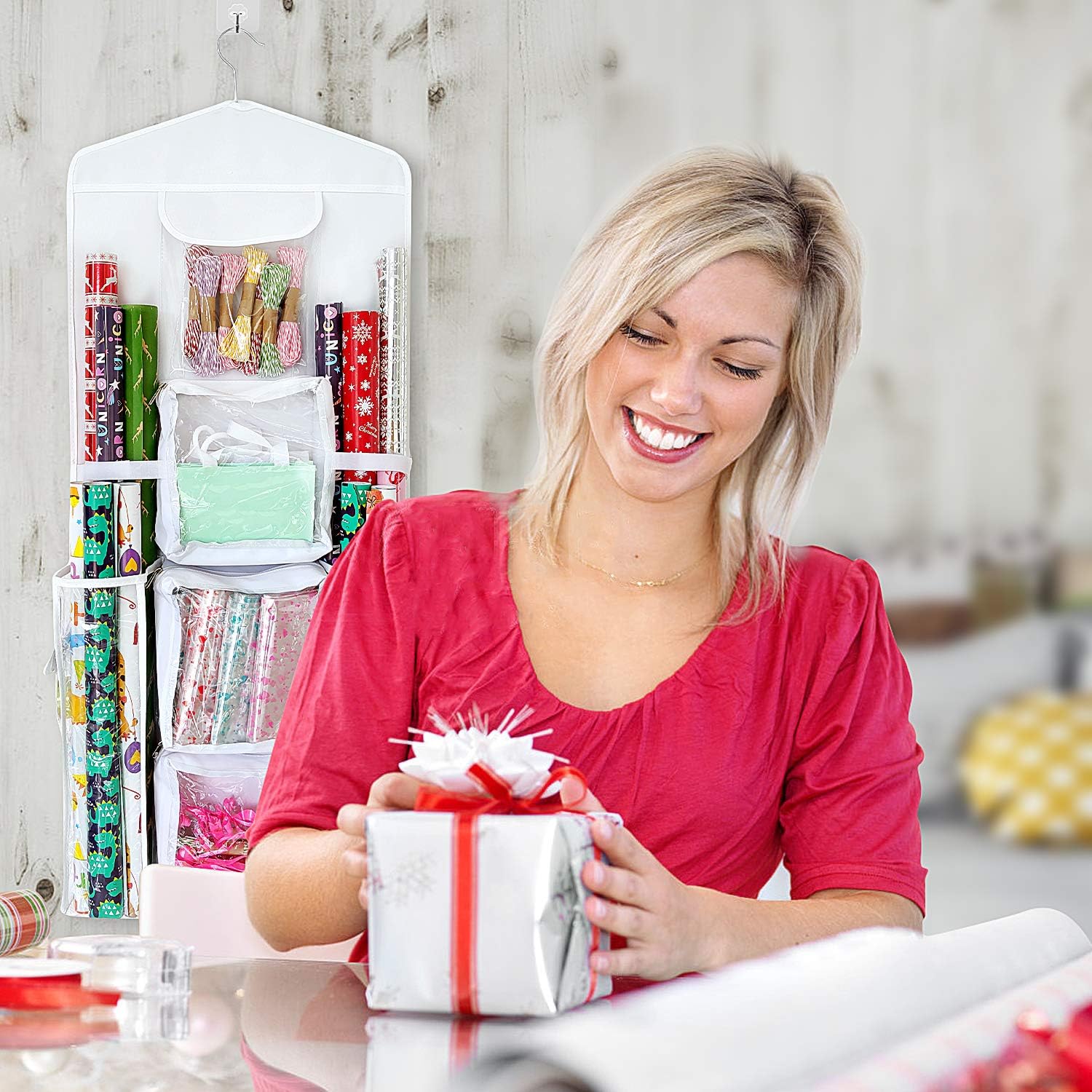 SumDirect Gift Wrap Organizer - Double-Sided Hanging Storage for Wrapping Paper & Gift Bags - White