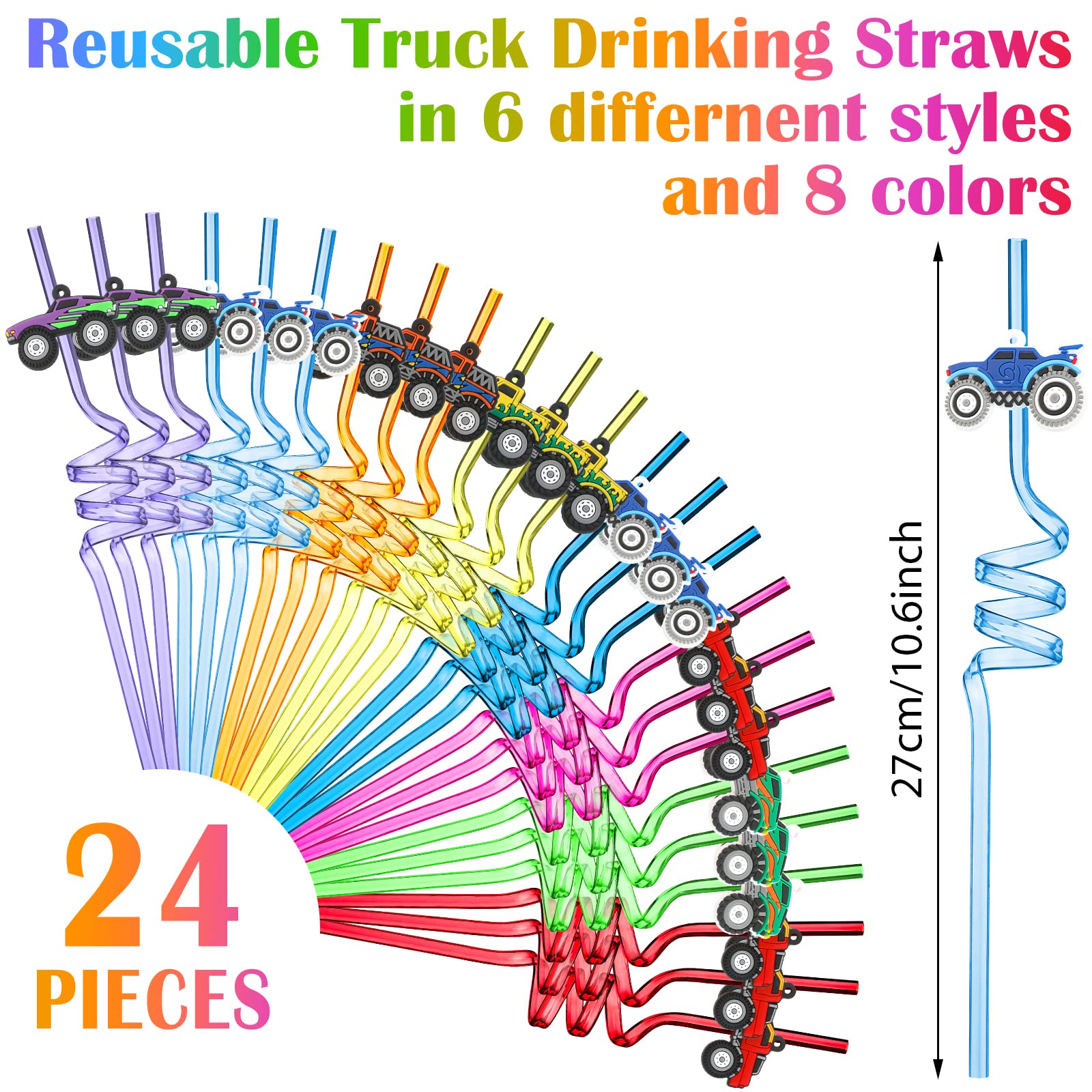 Skyley 24 Pcs Truck Straws Crazy Reusable Twisty crazy straws for Kids Boys Car Birthday Party Favors Supplies, 6 Styles