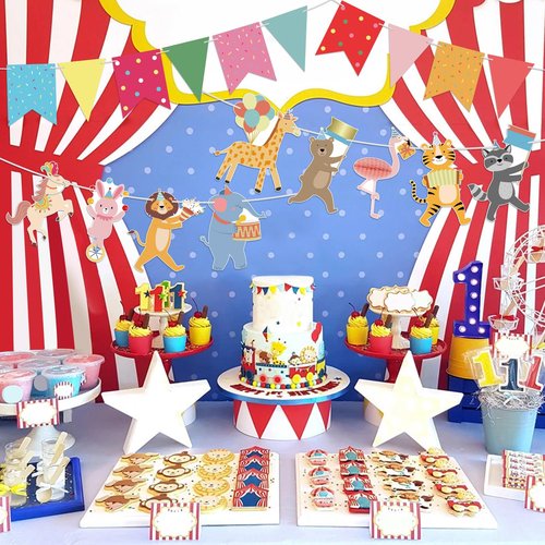 Hooqict Animal Party Banner with Colorful Pennant Banner Flag Animal Parade Birthday Decorations Happy Birthday Garland for Kids Girls Boys Zoo Carnival Circus Party Decorations Supplies