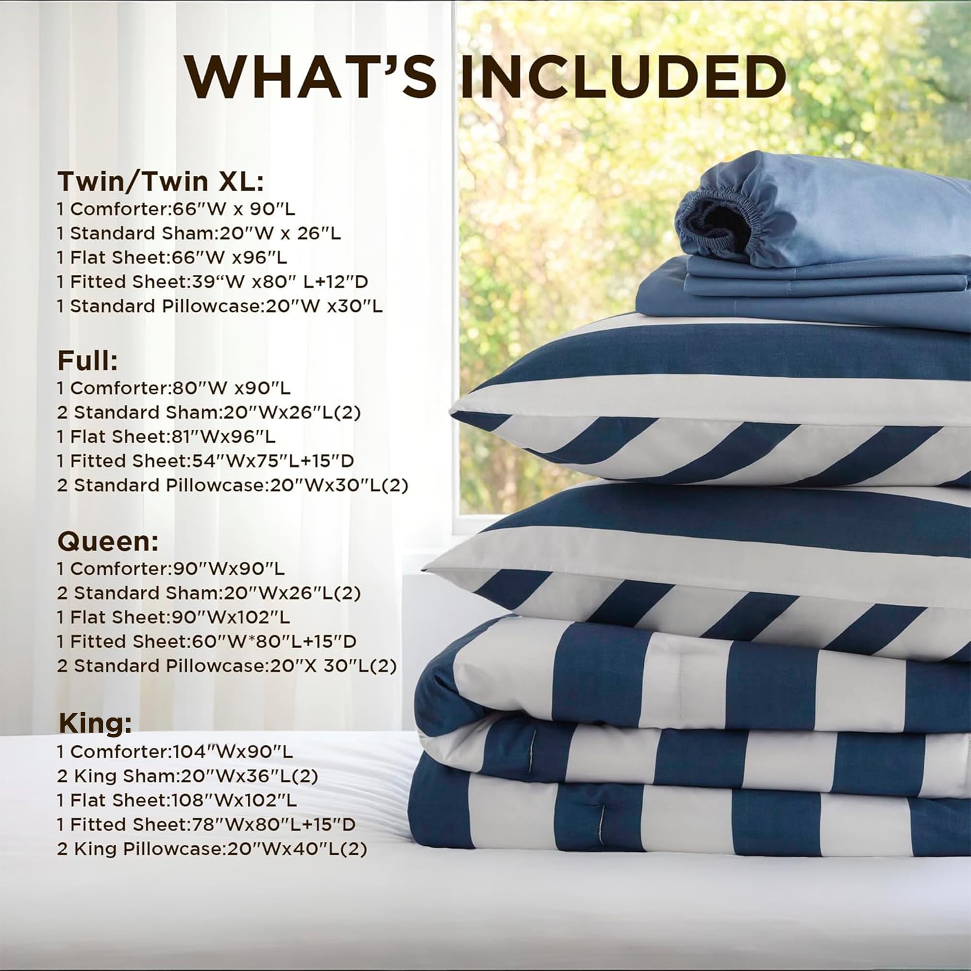 Reversible Striped Full Comforter Set-Bed in A Bag 7-Pieces Bedding Set with Double-sided Stripes Design-Warm & Cozy Bed Set Includes Full Size Comforter, Sheets Set, Pillowcases and Shams, Navy