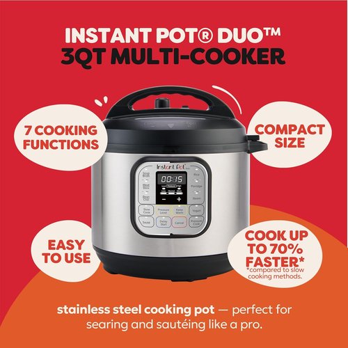Instant Pot Duo Mini Electric Pressure Cooker - 7-in-1 Multi-Function, 3 Quart, Stainless Steel | Free Recipe App Included