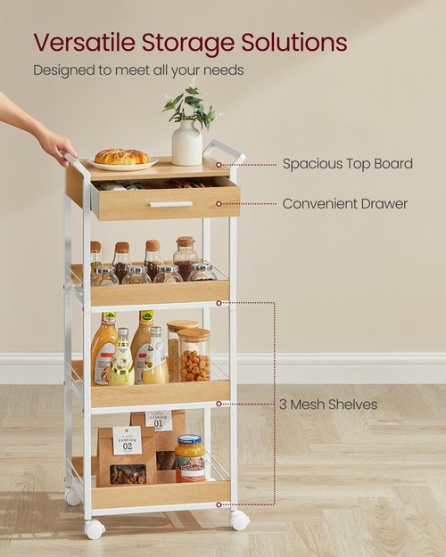 VASAGLE Storage Cart, 4-Tier Rolling Utility Cart with Table Top, Handles, 4 Lockable Casters, Top Drawer, Mesh Shelves, for Kitchen, Bathroom, Bedroom, Golden Oak and Cloud White ULRC049N01