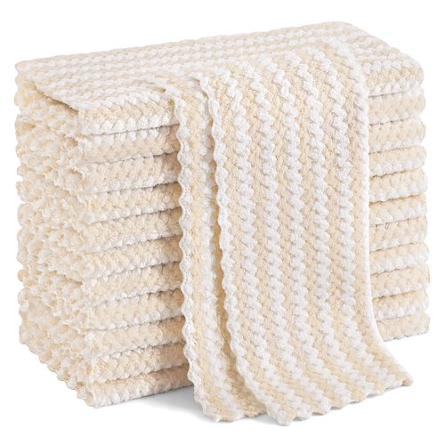 Homaxy 12 Pack Kitchen Dish Cloths, Ultra Soft and Absorbent Dish Towels, Reusable Fast Drying Microfiber Cleaning Cloth, Coral Velvet Wave Design No-lint, 10 x 10 inches, Beige