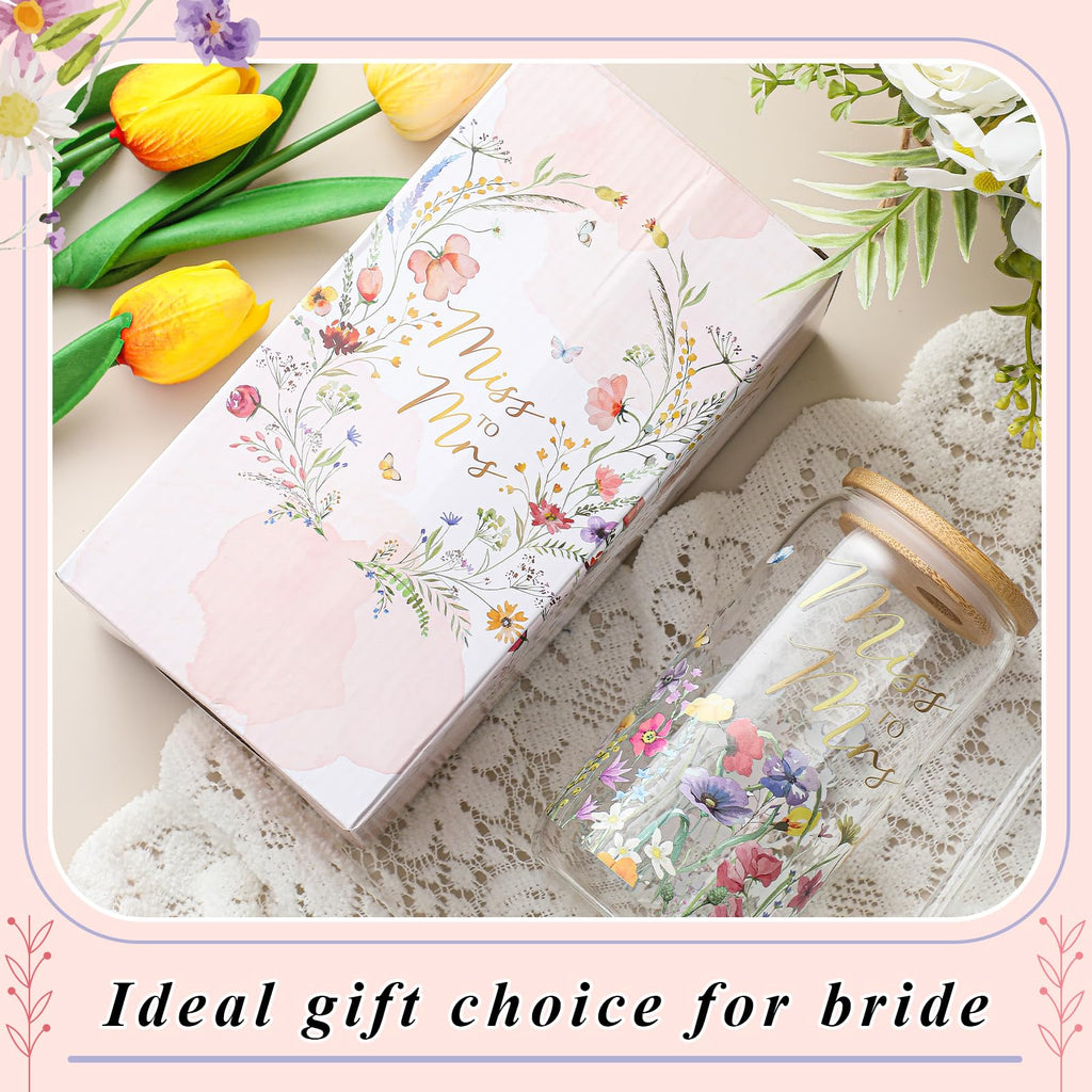 Mumufy Bride to Be Gifts 16oz ‘‘Miss to Mr’’ Bridal Tumbler Glass Cup with Bamboo Lid & Straw, Bridal Shower Engagement, Wedding Day & Bachelorette Party Gift for Future Mrs Wife Bride